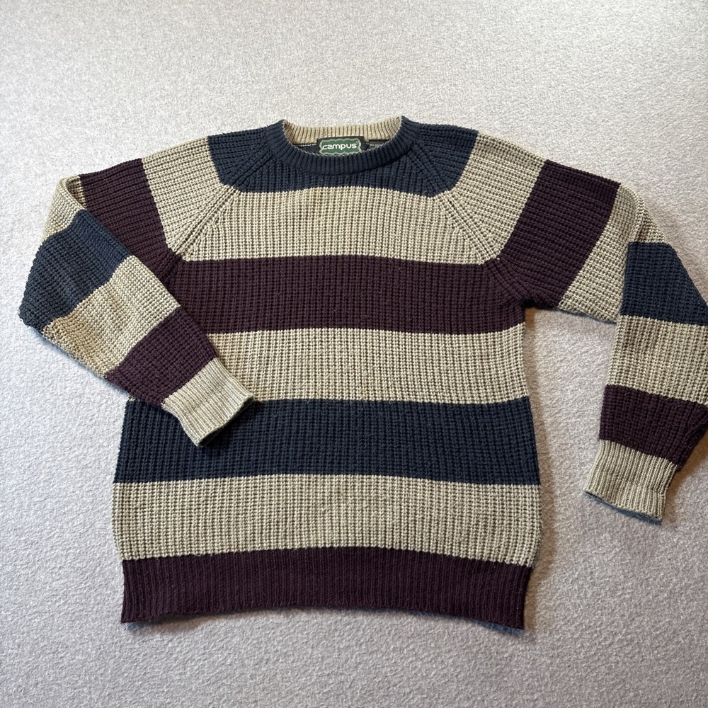 VTG Campus Men's Sweater Sz M 80s Preppy Large Striped Tan Blue Purple